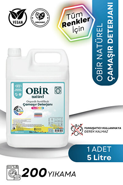 OBİR NATÜREL 5 L Organik Çamaşır Deterjanı - Tüm Renkler, 200 Yıkamaya Kadar,...
