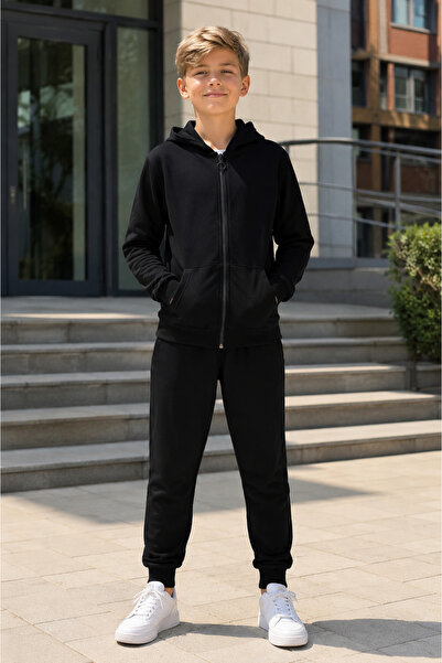 Yalçınoğlu Kids Boy's Tracksuit Set Black |   Hooded Zipper Tracksuit Set for...