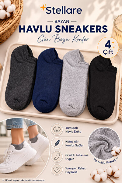 stellare Kadın 4'lü Havlu Sneaker Çorap - Yumuşak Pamuklu Dokulu, Nefes Alan ...