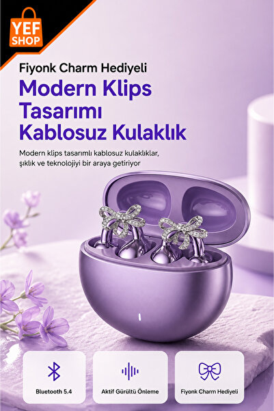 YEF SHOP Fiyonk Charm Hediyeli Kablosuz Kulaklık – Klips Tasarımlı, Bej Renk