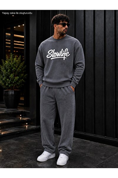 caddekombin Men's Slowlife Slogan Printed Crew Neck Regular Fit Men's Tracksu...