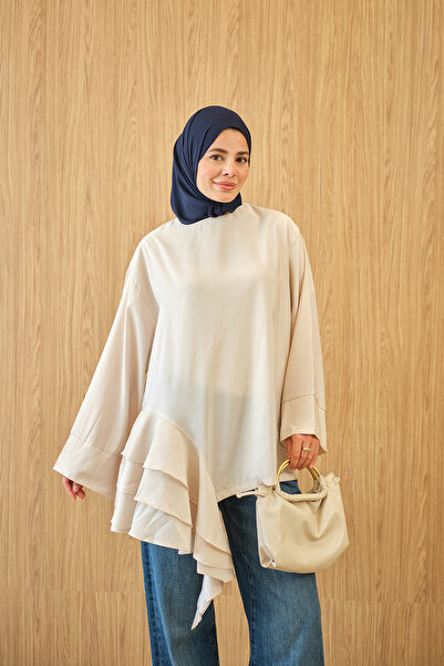LOCCO Women's Volan Detailed Lace-Up Tunic Cream