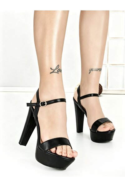 CHERİE Sandale dama cu toc gros si platforma negre din piele ecologica Zirelia