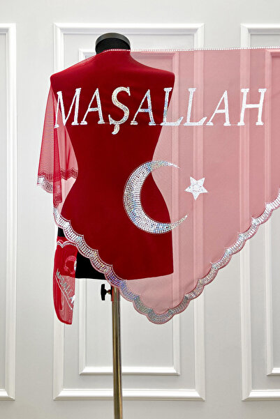 ZEYMERADE Kırmızı Sünnet Omuz Örtüsü, Üçgen Ayyıldız Ve Maşallah Pullu, Sünne...