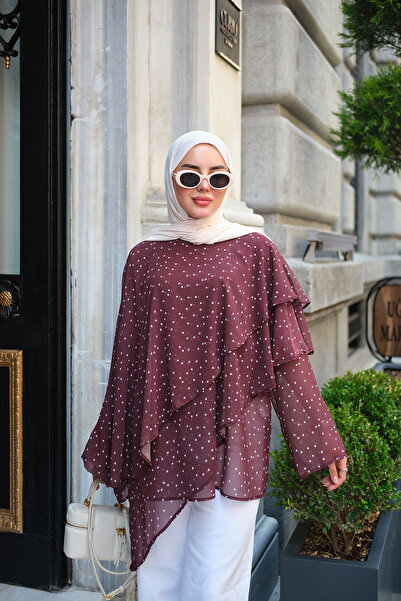 LOCCO Women's Small Polka Dot Cape Detail Layered Tunic Burgundy