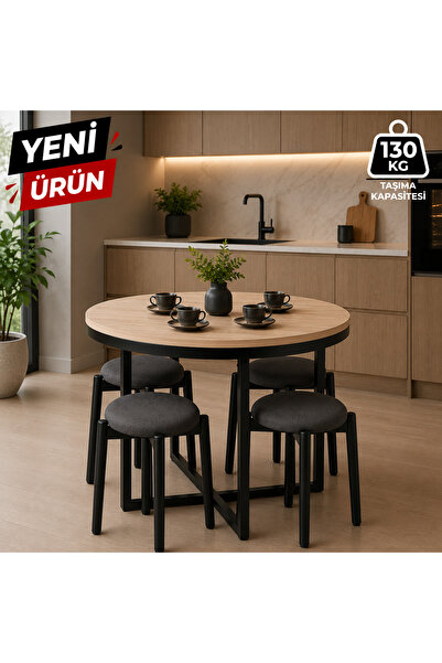 BUEM MOBİLYA ATLAS YUVARLAK 90 CM PUFLU 4 KİŞİLİK MASA TAKIMI BALKON MASASI K...