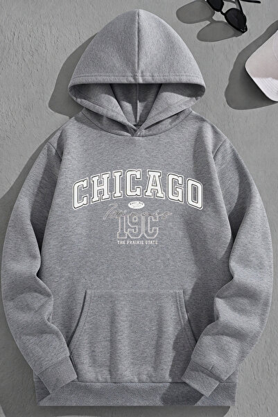 K KOZZ STYLE Unisex 3 Thread Cotton Grey Chicago19C Φούτερ με στάμπα Loose Fi...