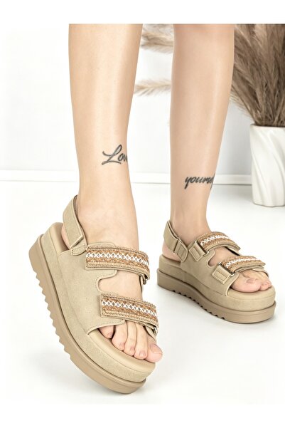 Givana Sandale dama cu platforma kaki din piele ecologica si material textil ...