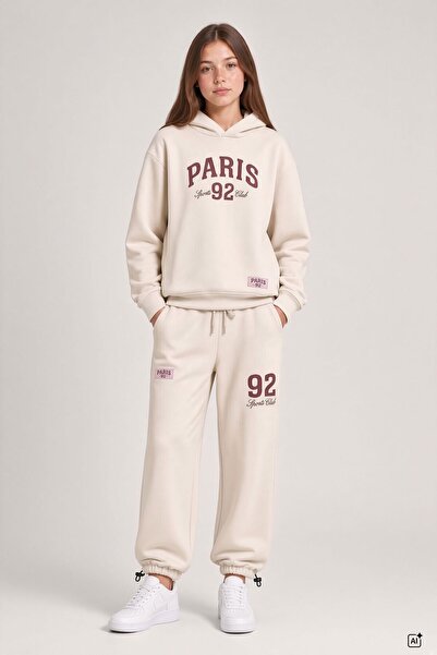CansınMini Cream Girls' Text Printed Stopper Long-Sleeved Tracksuit Set 24719
