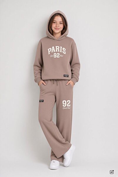 CansınMini Brown Girls' Text Printed Stopper Long Pants Tracksuit Set 24720