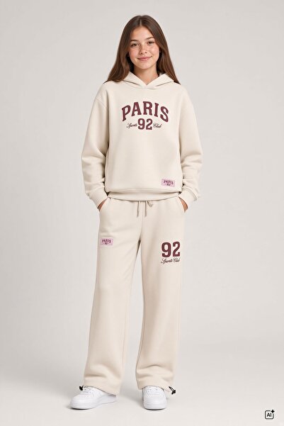 CansınMini Cream Girls' Text Printed Stopper Long-Sleeved Tracksuit Set 24719