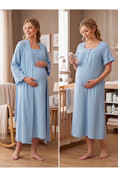 Lohussa New Season Indigo Muslin Fabric Buttoned Breastfeeding Compatible Des...