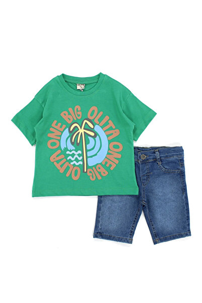 bebegen Boy's Green Palm Tree Printed Jeans Shorts 2-Piece Set