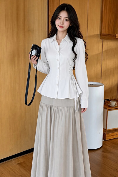 Lusin Women's White Side-Tie Waist Slim Fit Flounce Long Sleeve Slim Shirt