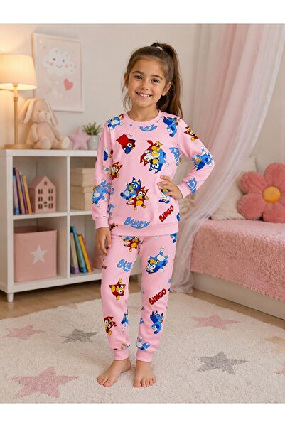 tusem butik homewear Girl's Cotton Pink Cute Character Patterned Long Sleeve ...