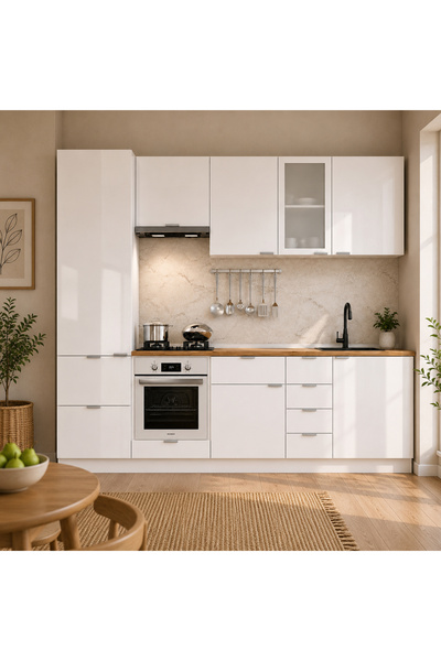 DEKOREX Elsa Serisi 285 Cm Beyaz Aspiratör Ve Fırın Modüllü, Kiler Dolaplı, M...
