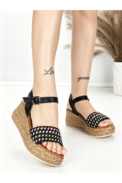STEPHAN Sandale dama cu platforma negre din piele ecologica si material texti...