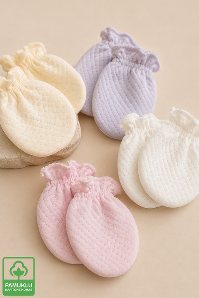 Miniel Unisex Bebek Yeni doğan Pamuklu Kapitone Lastikli Bebek Eldiveni 4 Çift Set