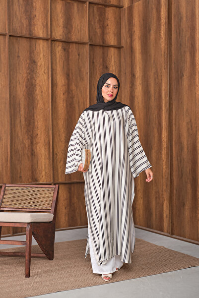 LOCCO Women's Asymmetrical Cut Double Striped Long Tunic Cream