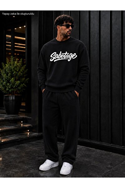 caddekombin Men's Sabotage Typography Printed Crew Neck Regular Fit Men's Tra...