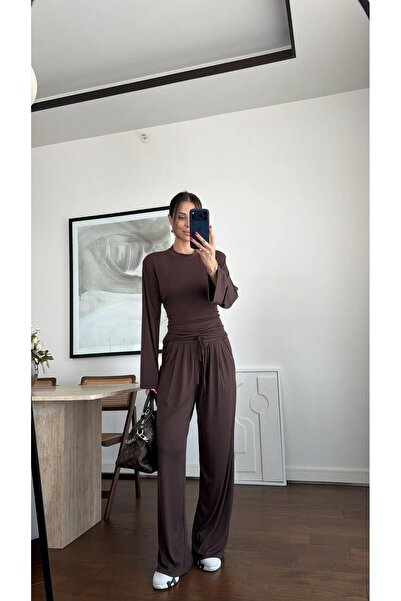 ÇEÇİM Women's Draped Long Sleeve Blouse and Wide Leg Pants Set