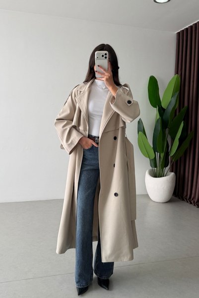 SHILSEE BEUTİQUE Apoleted Belted Long Trench Coat Beige
