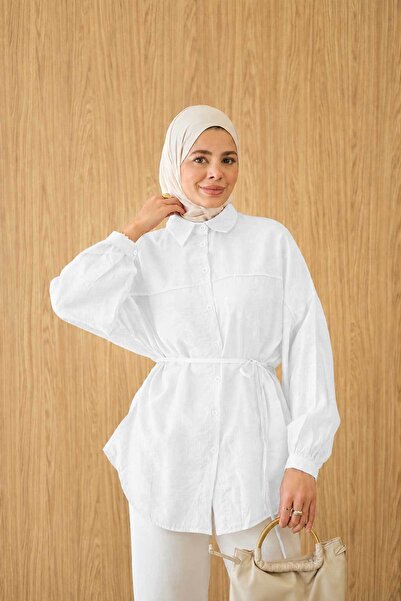 LOCCO Women's Shiny Silvery Waist Tie Shirt White