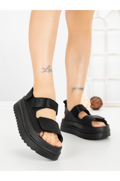 Annalise Sandale dama cu platforma negre din piele ecologica si material text...