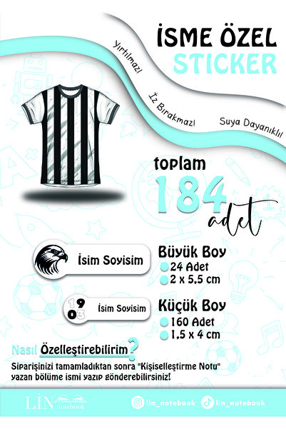 lin notebook Taraftar İsme Özel Sticker Kalem Defter Okul Etiketi, Sudan Etki...