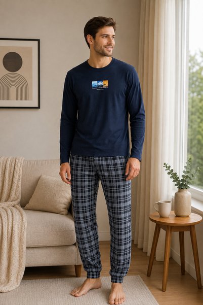 Vesperia Men's Interlock Long Sleeve Cotton Plaid Bottom Pajama Set