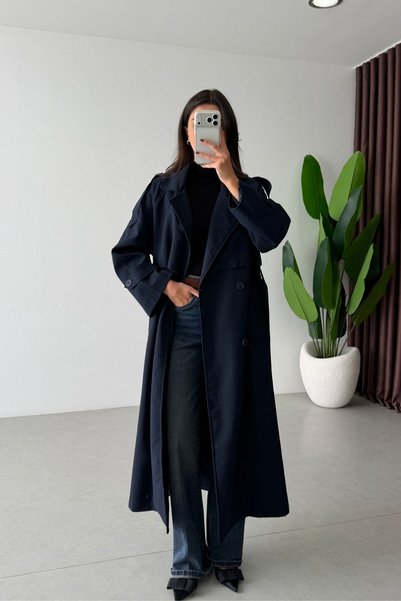 SHILSEE BEUTİQUE Apoleted Belted Long Trench Coat Navy Blue
