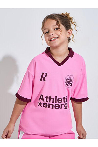 Styli Teen Girls Pink V Neck Oversized Sports Jersey T-Shirt
