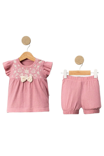bebegen Baby Girl Pink Beige Bow Shorts 2-Piece Set