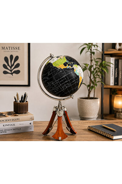 hediyeconcepti Ahşap Tripot Ayaklı Dekoratif Dünya Küre Modern Vintage Tasarım Şık Ev Ofis Dekorasyon Objesi
