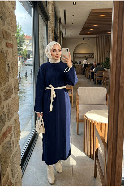 Kirazca Butik Women's Belted Ribbed Long Knitwear Dress Contrast Ribbed Hijab...