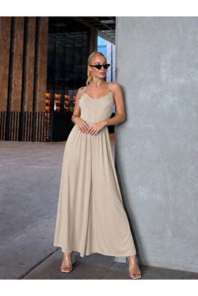 NEW JOURNAL Women's Beige V-Neck Strappy Drawstring Jumpsuit Nj147