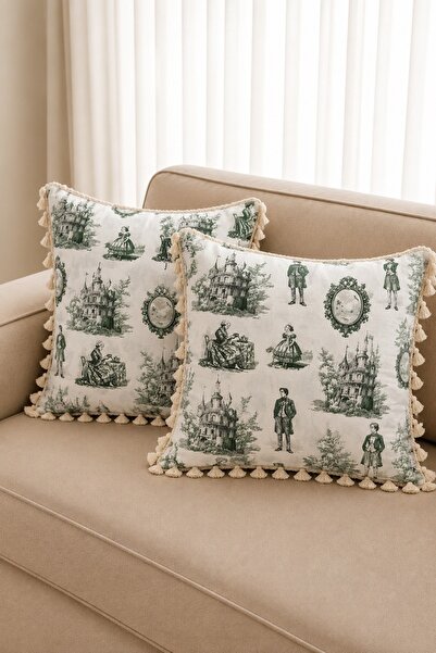 Luxoras Home Duck Kumaş Fransız Şato Desenli Püsküllü Dekoratif Kırlent Kılıf...