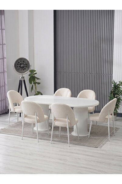 JoyMassa MERİ 90X180 BOHEM MASA - 6 ADET AY SANDALYE / KALVE KUMAŞ-MDF MASA