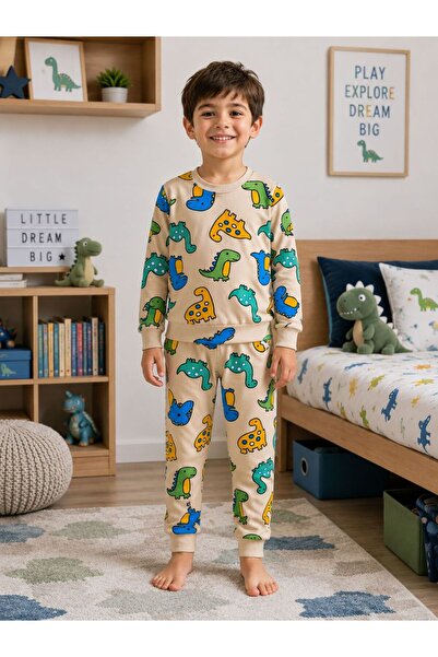 Erkek Çocuk Pamuklu Bej Renk Dinozor Desenli Uzun Kollu Mevsimlik Pijama Takımı