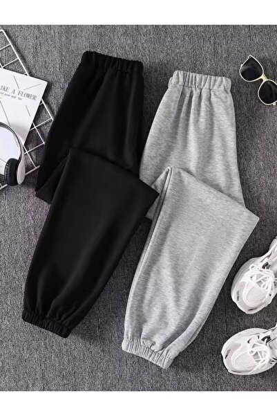 MORNİNG KİDS Girl's 2-Piece Bow Printed Sweatpants (Black-Grey)