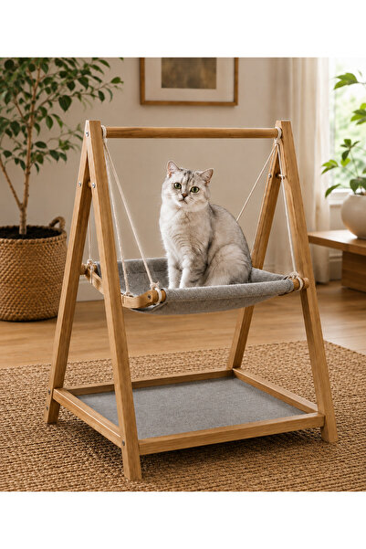 Kedi Köpek Salıncağı – Ahşap, Minderli, Yıkanabilir Kumaşlı Evcil Hayvan Salıncak Yatağı