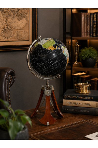 hediyeconcepti Ahşap Tripot Ayaklı Dekoratif Dünya Küre Modern Vintage Tasarım Şık Ev Ofis Dekorasyon Objesi