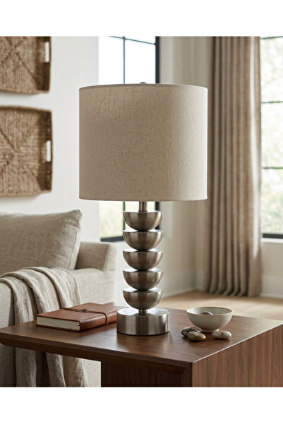 PLUS13 Modern Table Lamp with Sculpted Metal Base and Off-White Fabric Shade