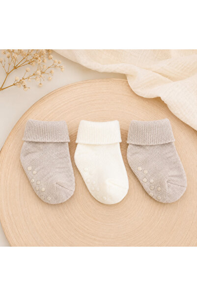 uykucu koala %100 Pamuk Kaydırmaz Taban Bebek Çorap 3'lü Set - Kıvrık Manşetli Fitilli Bebek Çorabı