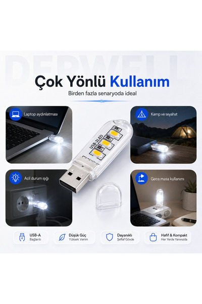 Derwell Mini USB LED Lamba 3 LEDli Taşınabilir Cep Boy Gece Lambası Şeffaf Koruyucu Kapaklı Tak Çalıştır Düşük Güç Tüketimi Yüksek Verim Beyaz Işık Powerbank Laptop Uyumlu Kamp Aydınlatması Stick LED Işık
