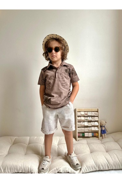 moda rüyası Boy's Beige Linen Shorts and Tropical Pattern Polo Collar 2-Piece...