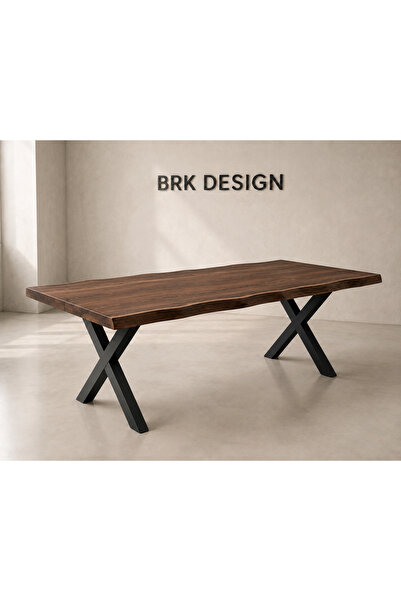 BRK Design X Metal Ayaklı Dalgalı Koyu Ceviz Çam Yemek Masası 100x200_T1-09