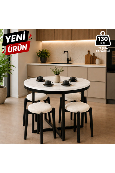 BUEM MOBİLYA ATLAS YUVARLAK 90 CM PUFLU 4 KİŞİLİK MASA TAKIMI BALKON MASASI K...