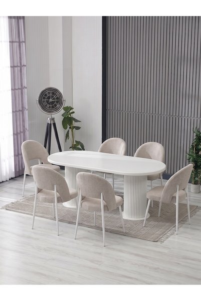 JoyMassa MERİ 90X180 BOHEM MASA - 6 ADET AY SANDALYE / KALVE KUMAŞ-MDF MASA