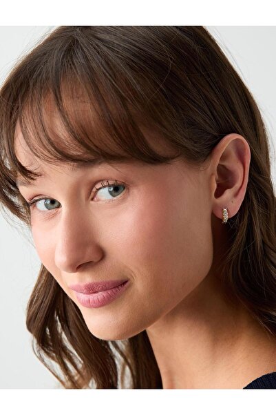 Jimmy Key Gold Color Stone Detailed Elegant Half Hoop Earrings